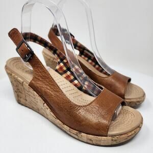 Crocs A-Leigh Slingback Wedge Sandals Women 7 Brown Leather Buckle Cork 11848